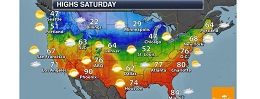 Colorful weather map of the united states showing extreme hot and cold temperatures across the states